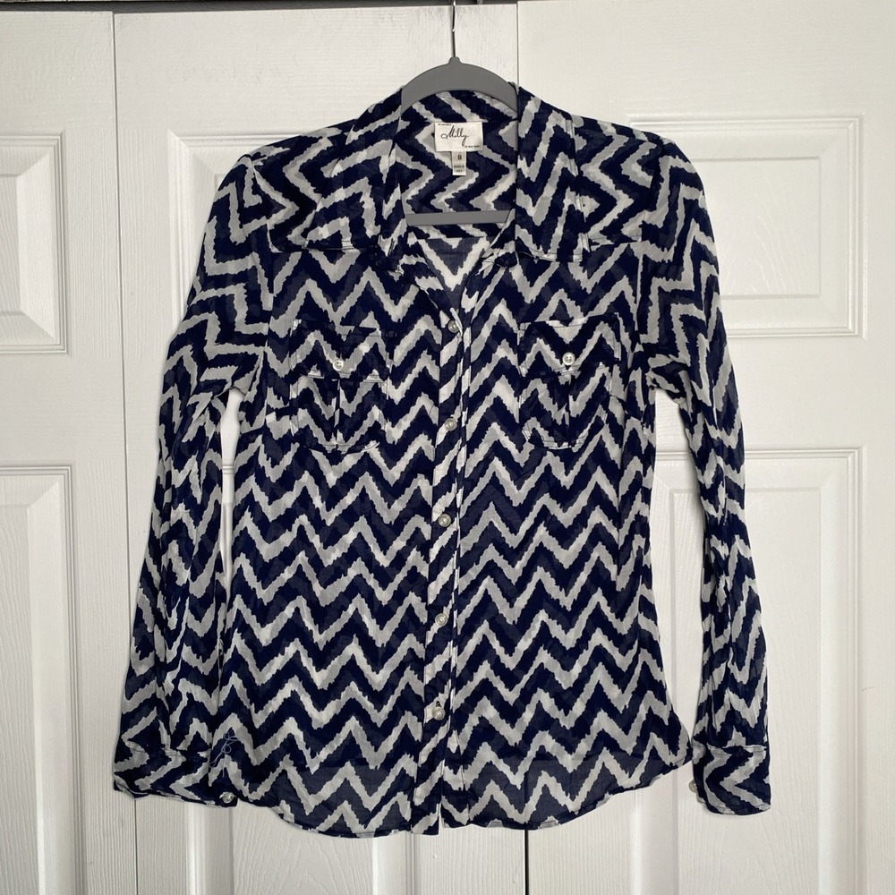 Milly New York Womens 8 Navy Chevron Top Lightweight Button Long  Clean Girl‎